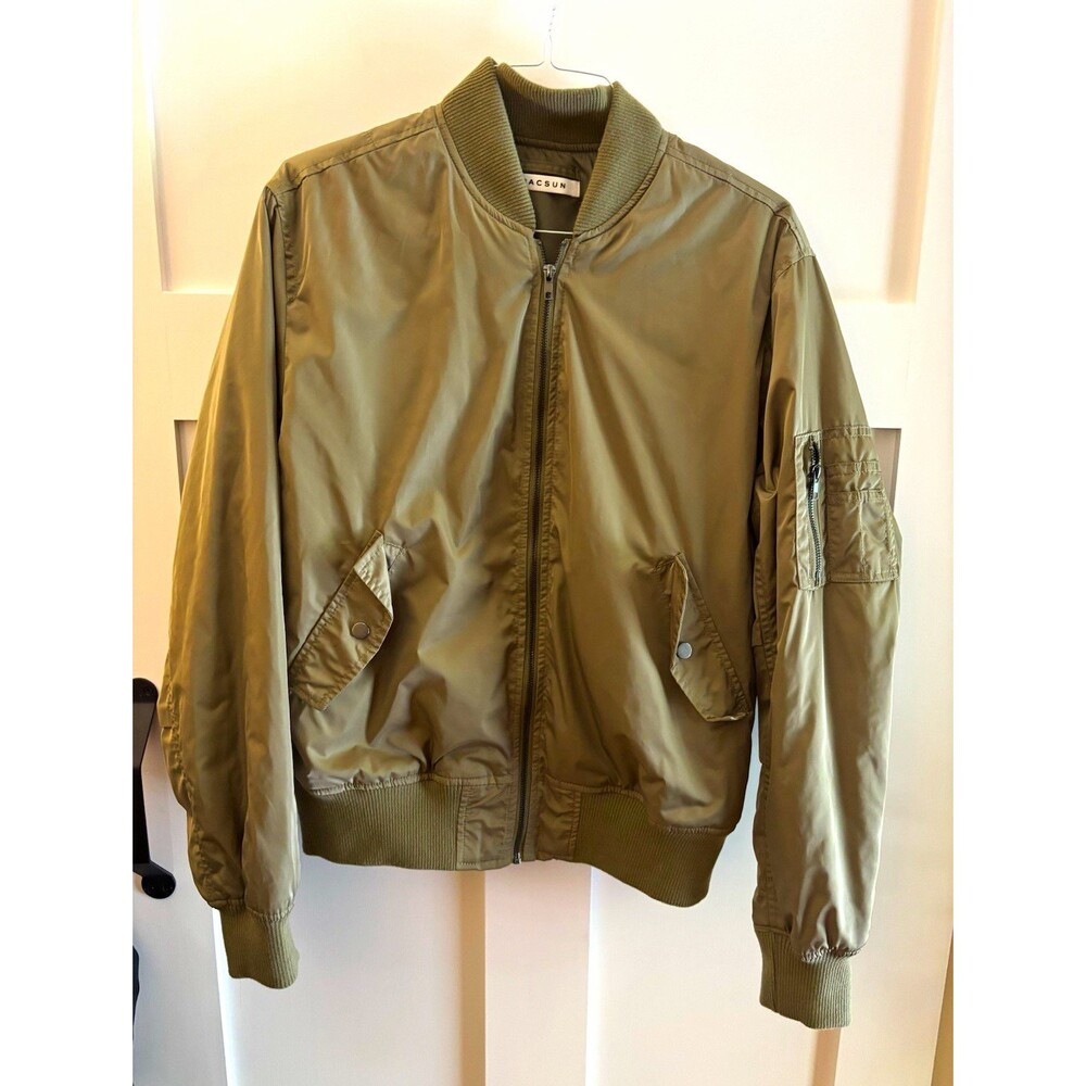 PacSun Mens L Green Bomber Jacket Full Zip Pockets Short Regular Fit